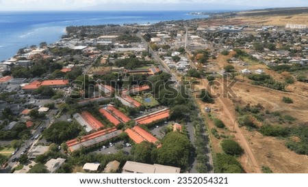 Lahaina from above, along the Pacific coast in west Maui, Hawaii. Aerial shot April 11, 2023.  The village of Lahaina burned down four months later, on August 8, 2023.