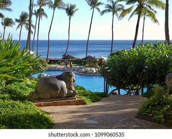 Lahaina, Hawaii / USA - February 17, 2016: Pool Area Of Hyatt Regency Maui From Top Of Stairs                              