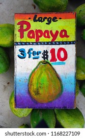 LAHAINA, HI -31 MAR 2018- Colorful  Fruit And Vegetable Labels At A Road Stand Produce Market In Maui, Hawaii.