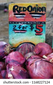 LAHAINA, HI -31 MAR 2018- Colorful  Fruit And Vegetable Labels At A Road Stand Produce Market In Maui, Hawaii.