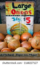 LAHAINA, HI -31 MAR 2018- Colorful  Fruit And Vegetable Labels At A Road Stand Produce Market In Maui, Hawaii.