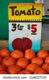 LAHAINA, HI -31 MAR 2018- Colorful  Fruit And Vegetable Labels At A Road Stand Produce Market In Maui, Hawaii.