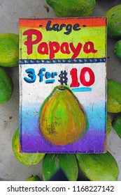 LAHAINA, HI -31 MAR 2018- Colorful  Fruit And Vegetable Labels At A Road Stand Produce Market In Maui, Hawaii.