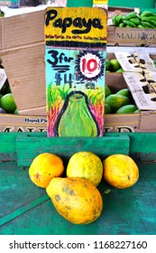 LAHAINA, HI -31 MAR 2018- Colorful  Fruit And Vegetable Labels At A Road Stand Produce Market In Maui, Hawaii.