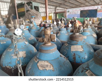 Lahat, Indonesia Oct 16, 2022 : The Process Of Transferring Liquid Oxygen From A Samator Company Delivery Truck To A Reservoir In A Hospital Causes The Pipes To Freeze And Form Ice And Ice Vapor