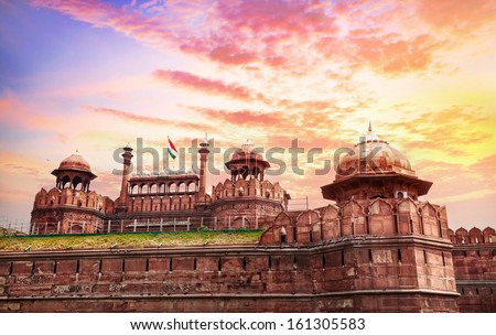 Lahore Gate of Red Fort with Indian national flag in Old Delhi, India