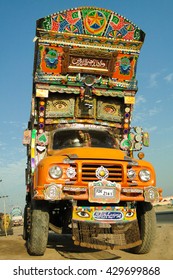 LAHORE, PA - JULY 7 - Pakistani decorated transport truck stands by the road on July 7, 2010 in Lahore.