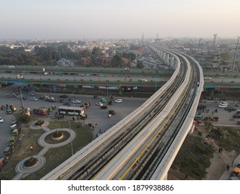 Lahore, Pakistan - December 20, 2020: Orange Line Metro Train's Track Seen From A Drone.