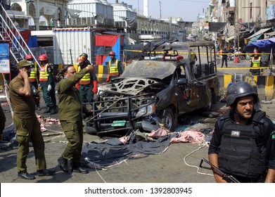 LAHORE, PAKISTAN - MAY 08: Views Of Venue After Bomb Blast Occurred Outside Data Darbar On May 08, 2019 In Lahore. At Least Eight People With Police Man Were Killed And 26 Others Injured In Blast.   
