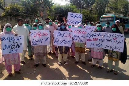 LAHORE, PAKISTAN - OCT 05: Residents Of Manawan Are Holding Protest Demonstration Against High Handedness Of Police, At Press Club On October 05, 2021 In Lahore. 