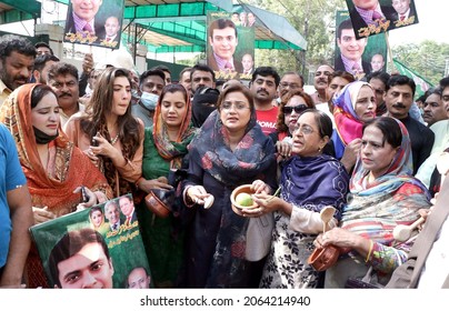 LAHORE, PAKISTAN - OCT 26: Activists of Muslim League (PML-N) are holding protest demonstration against price hike of essential commodities, outside Punjab Assembly on October 26, 2021 in Lahore.