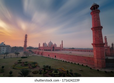 Lahore, Punjab / Pakistan - April 28 2020 : Drone View Of Badshahi Mosque From Top At Sunset