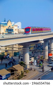 Lahore Punjab, Pakistan. February 01, 2021, Orange Line Metro Train Going Near Lakshmi Chowk Lahore. 