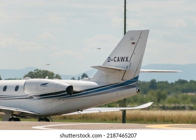 Lahr, Germany, July 9, 2022 Cessna 680 Citation Sovereign Plus Aircraft Is Parking At The Apron