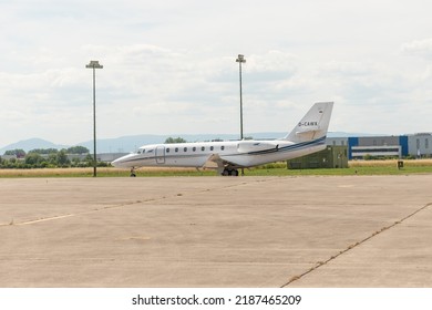 Lahr, Germany, July 9, 2022 Cessna 680 Citation Sovereign Plus Aircraft Is Parking At The Apron