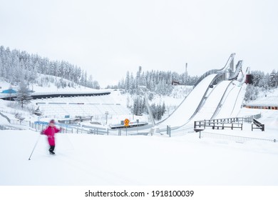 Lahti, Finland, February 14, 2021 Ski, Sports Stadium Springboards. Winter View