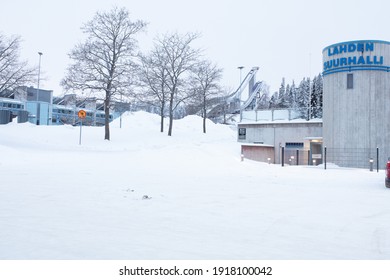 Lahti, Finland, February 14, 2021 Ski, Sports Stadium Springboards. Winter View