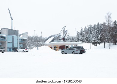 Lahti, Finland, February 14, 2021 Ski, Sports Stadium Springboards. Winter View