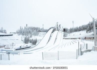 Lahti, Finland, February 14, 2021 Ski, Sports Stadium Springboards. Winter View