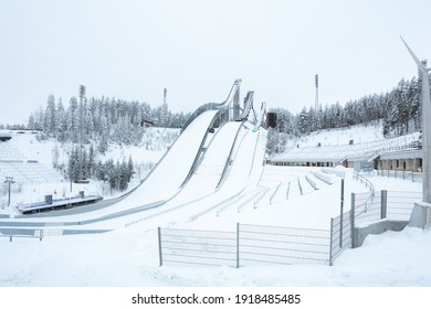 Lahti, Finland, February 14, 2021 Ski, Sports Stadium Springboards. Winter View