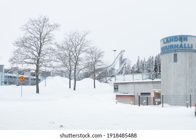 Lahti, Finland, February 14, 2021 Ski, Sports Stadium Springboards. Winter View