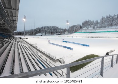 Lahti, Finland, February 14, 2021 Ski, Sports Stadium Springboards. Winter View