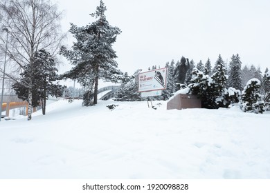 Lahti, Finland, February 14, 2021 Ski, Sports Stadium Springboards. Winter View