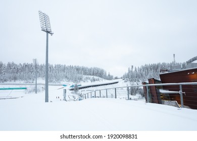 Lahti, Finland, February 14, 2021 Ski, Sports Stadium Springboards. Winter View