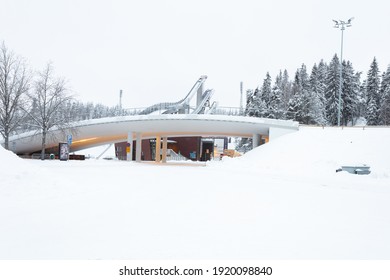 Lahti, Finland, February 14, 2021 Ski, Sports Stadium Springboards. Winter View