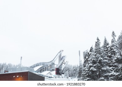 Lahti, Finland, February 14, 2021 Ski, Sports Stadium Springboards. Winter View