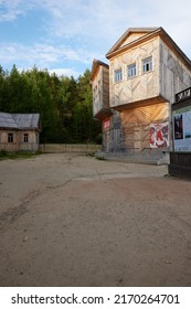 LAISHEVO, TATARSTAN, RUSSIA - JUNE 2022: Propaganda Poster On Old Wooden House During The Russian Civil War And The 1917 Revolution. Semruk Camp. Decorations Of Movie Zuleikha Opens Her Eyes