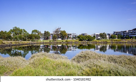 Lake Against Modern Residential Houses. City Of Maribyrnong, VIC Australia.