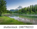 Lake Antorno and Three Peaks of Lavaredo mountains in the background. Dolomites mountains. Auronzo di Cadore, province of Belluno, Veneto region, Italy, Europe.