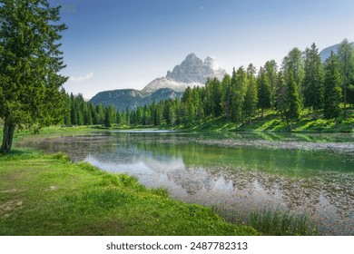 Lake Antorno and Three Peaks of Lavaredo mountains in the background. Dolomites mountains. Auronzo di Cadore, province of Belluno, Veneto region, Italy, Europe. - Powered by Shutterstock