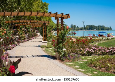 Lake Balaton Beach And Flower Garden At Balatonfured, Hungary.