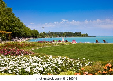 Lake Balaton Beach And Flower Garden At Balatonfured, Hungary.