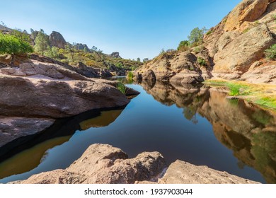 Lake Bear Gulch and rock formations, in Pinnacles National Park in California, the ruined remains of an extinct volcano on the San Andreas Fault. Beautiful landscapes