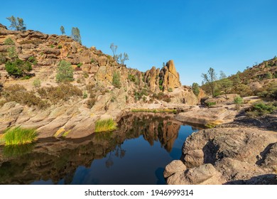 Lake Bear Gulch and rock formations, in Pinnacles National Park in California, the ruined remains of an extinct volcano on the San Andreas Fault. Beautiful landscapes