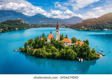 Lake Bled in Slovenia. Beautiful mountains and Bled lake with small Pilgrimage Church. Bled lake and island with Pilgrimage Church of the Assumption of Maria. Bled, Slovenia, Europe. - Powered by Shutterstock