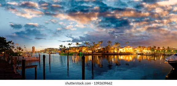 Lake Boca Raton And City Skyline With Reflections At Sunset, Panoramic View.