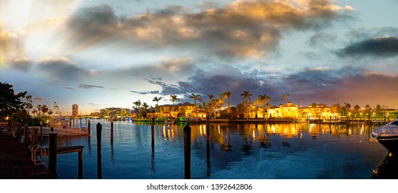 Lake Boca Raton And City Skyline With Reflections At Sunset, Panoramic View.