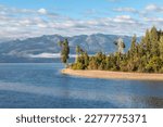 Lake Brunner with Arnold River outlet and Hohonu mountain range, West Coast, South Island, New Zealand