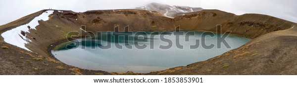 Lake in the caldera of a dormant volcano at\
Krafla in Iceland -    180 degree\
view