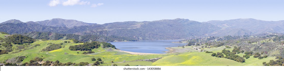 Lake Casitas and green fields in spring seen from Oak View, near Ojai, California
