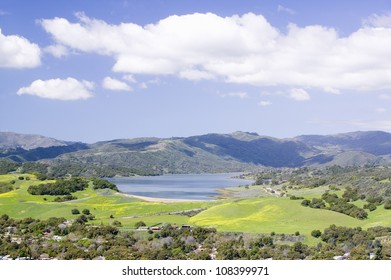 Lake Castias and green fields in spring shot from Oak View, near Ojai, California