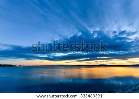 Lake Champlain between New York and Vermont at sunset.