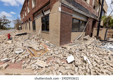 Lake Charles, LA US - August 27, 2020 [Hurricane Laura Makes Landfall As A Category 4 Storm Causing Severe Hurricane Damage To Buildings In Downtown Lake Charles, Louisiana.]