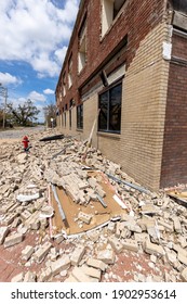 Lake Charles, LA US - August 27, 2020 [Hurricane Laura Makes Landfall As A Category 4 Storm Causing Severe Hurricane Damage To Buildings In Downtown Lake Charles, Louisiana.]