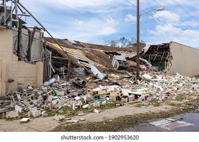 Lake Charles, LA US - August 27, 2020 [Hurricane Laura Makes Landfall As A Category 4 Storm Causing Severe Hurricane Damage To Buildings In Downtown Lake Charles, Louisiana.]