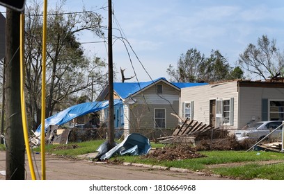  Lake Charles, Louisiana. USA - September 6, 2020:  Hurricane Laura. Destruction from strong winds. Rubbish, broken wires, damaged roofs
